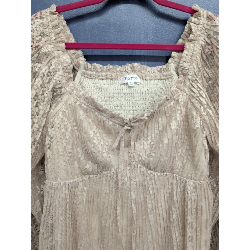 Forte Lace Smocked Babydoll Top XL Boho Cottagecore Balloon Sleeve Beige - Picture 4 of 12